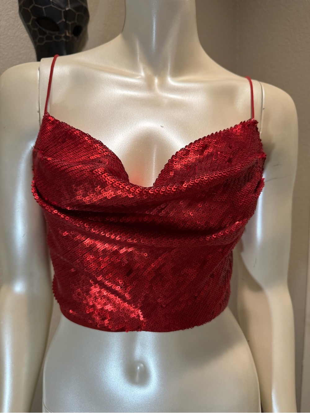 Zara Red Sequin Open Back Cowl Neck Crop Top - Size XS
